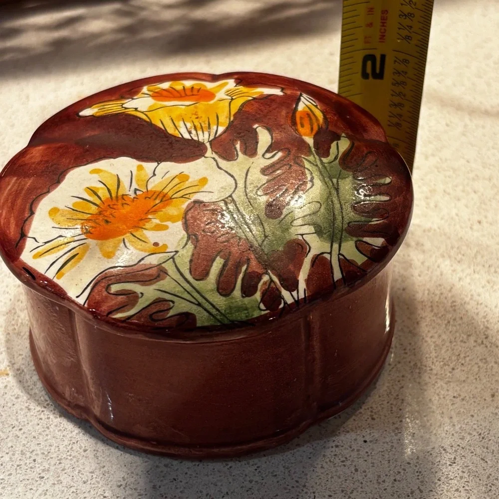 Vintage Enesco Japan Ceramic Trinket Box Hand Painted Floral Scalloped Jar Fall